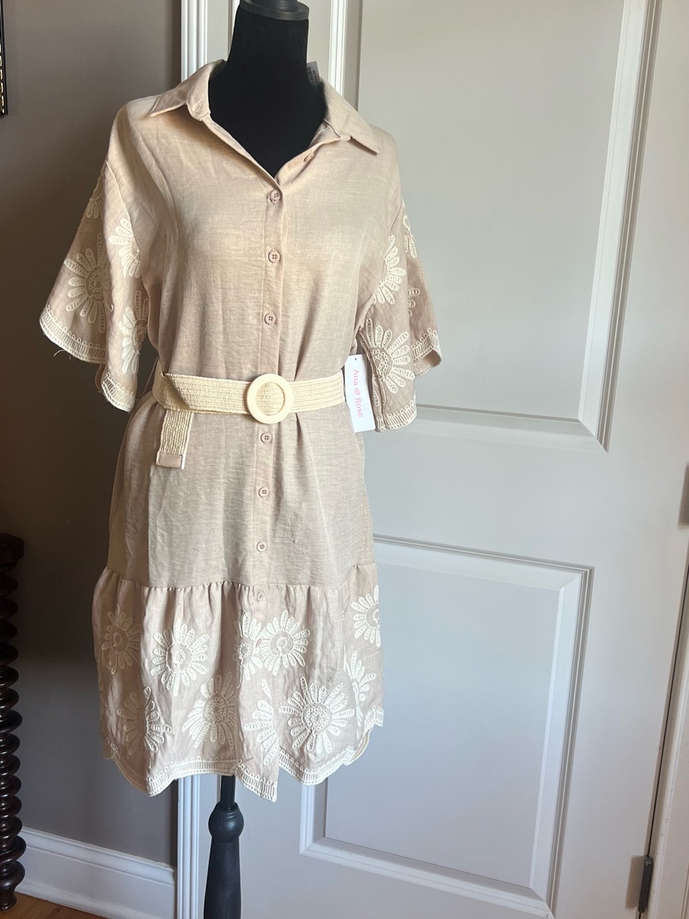 Neutral Embroidered Mini Shirt Dress with Belt